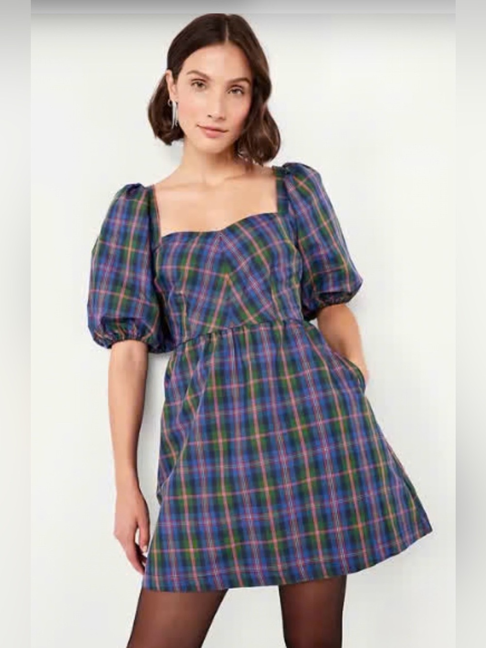 NWT Plaid Puff-Sleeve fit and flare taffeta Mini Dress in Navy and Purple Large